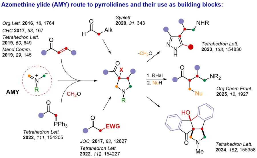 Azomethine ylide (AMY) route to pyrrolidines and their use as building blocks.