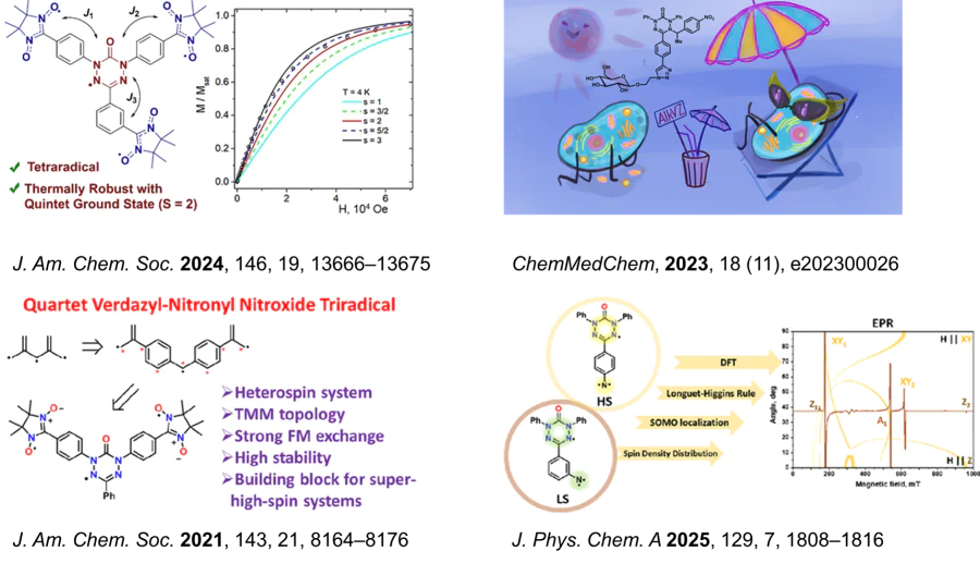 Our scientific group investigates various aspects of the synthesis and application of stable organic radicals. Our work is at the intersection of several areas of science: organic chemistry and fine organic synthesis, physical chemistry, molecular magnetism, spintronics and even medicine.